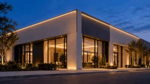 Building outline at dusk lit by silicone neon flex on one half and COB strip in a diffuser channel on the other half