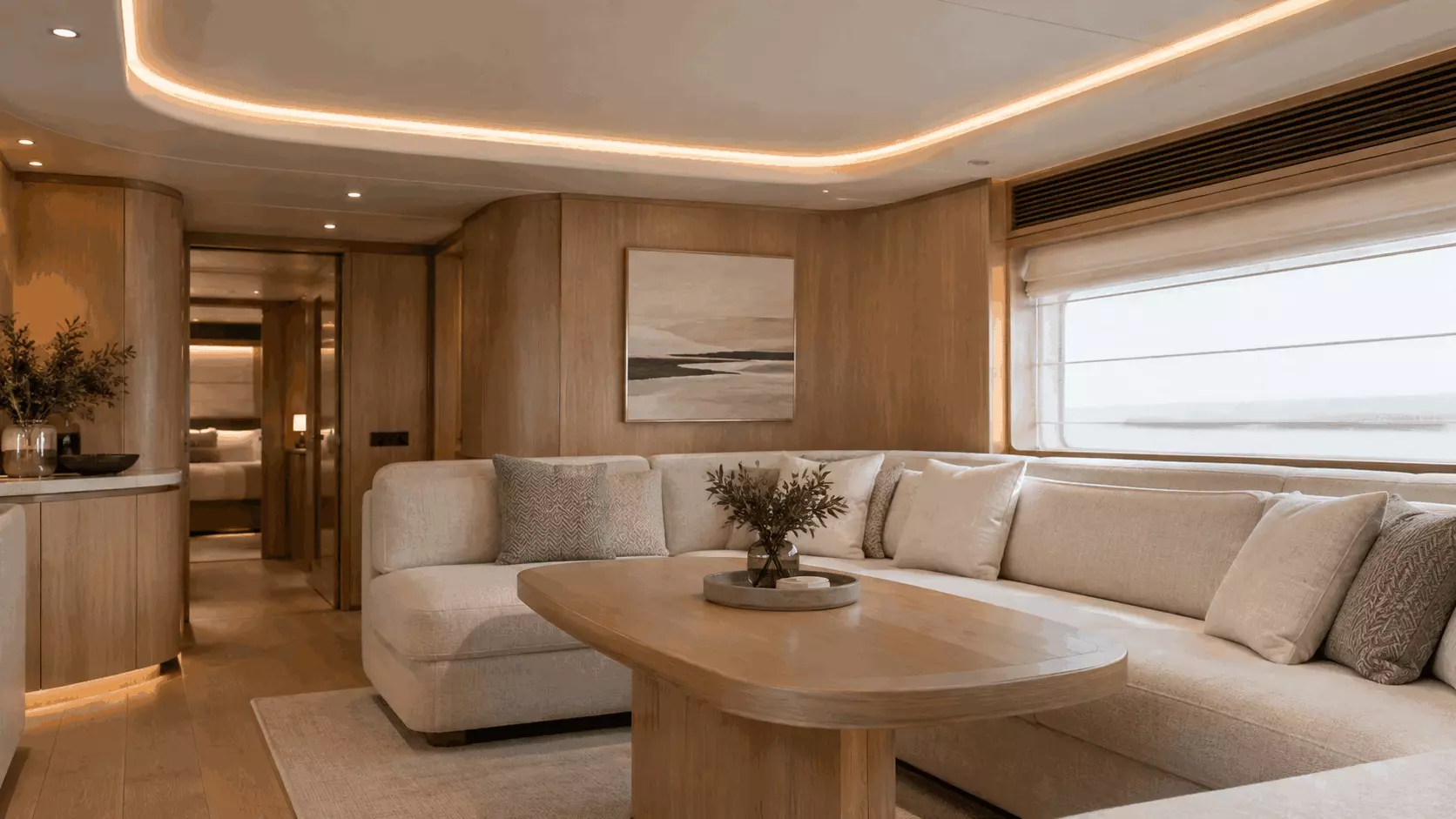 Yacht cabin interior with LED neon flex cove lighting along ceiling, soft warm indirect accent lighting for luxury yacht saloon