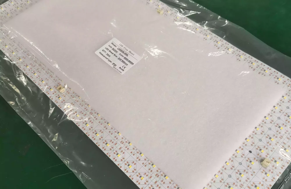 24V flexible led light sheet finished product packed in plastic bag with specification label，flexible led panel sheet factory package