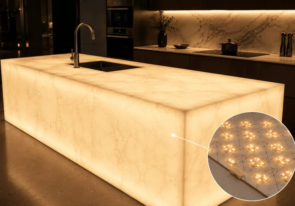 Flexible LED light sheet backlighting a translucent stone kitchen island with even warm glow for a luxury interior