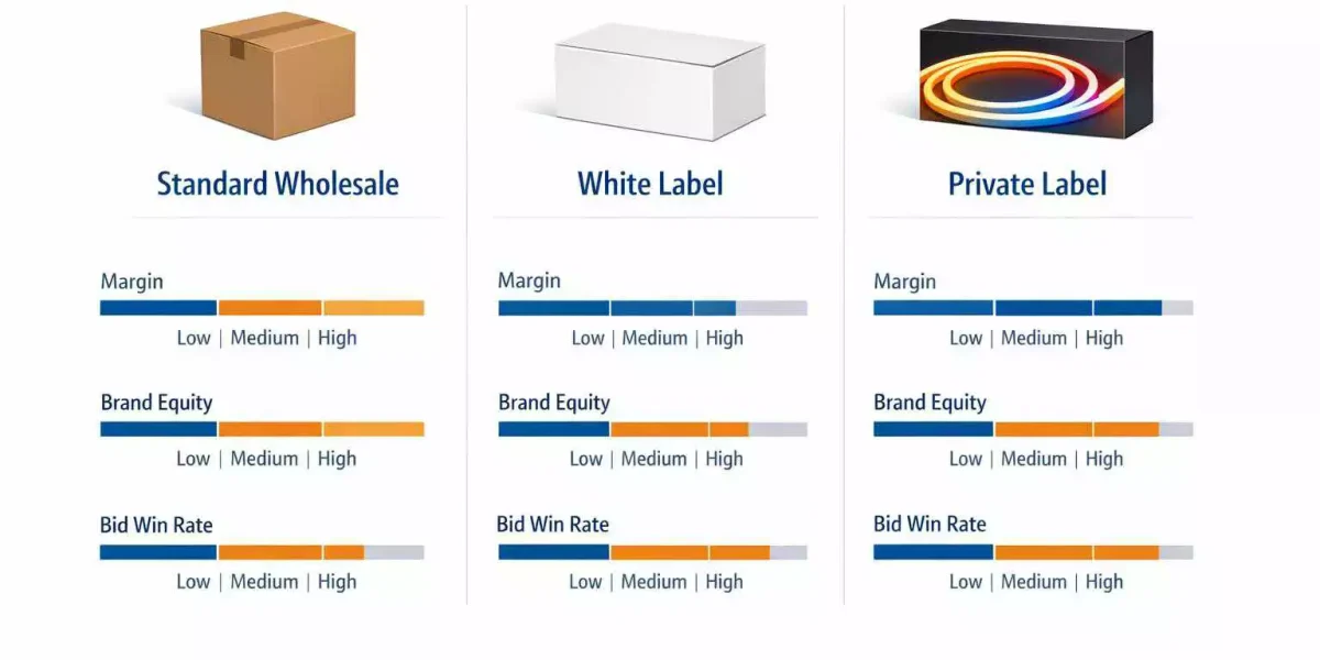 Infographic comparing standard wholesale, white label and private label LED neon flex sourcing models for lighting brands